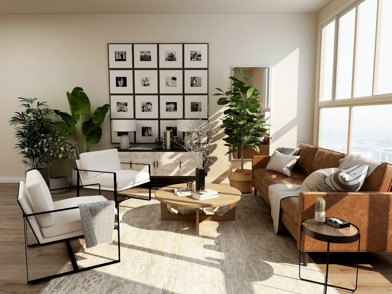Salón de una vivienda nueva con sofá, butacas y luz natural. Imagen de referencia.